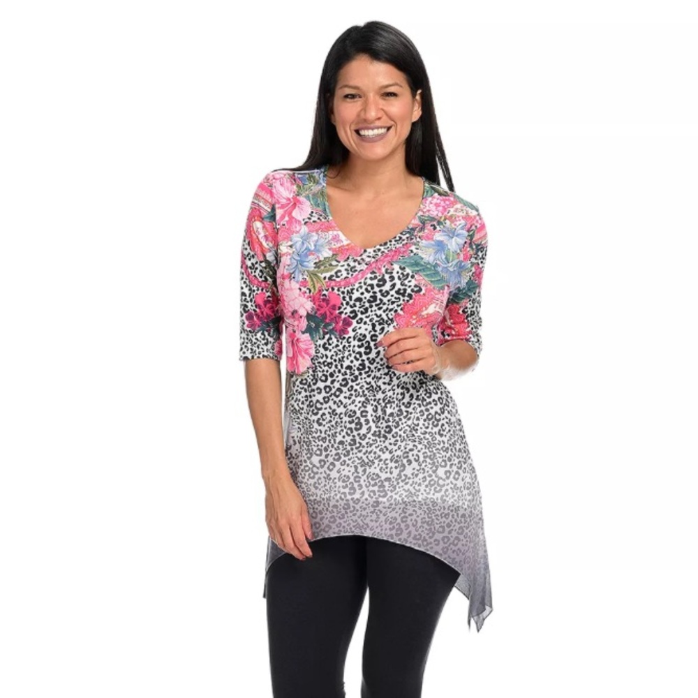 Women’s‎ Pink One World Knit & Woven Elbow Sleeve Sharkbite Top
